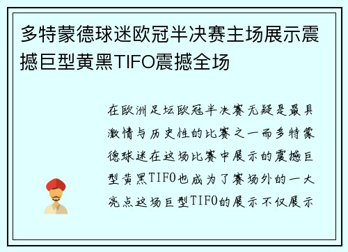 多特蒙德球迷欧冠半决赛主场展示震撼巨型黄黑TIFO震撼全场